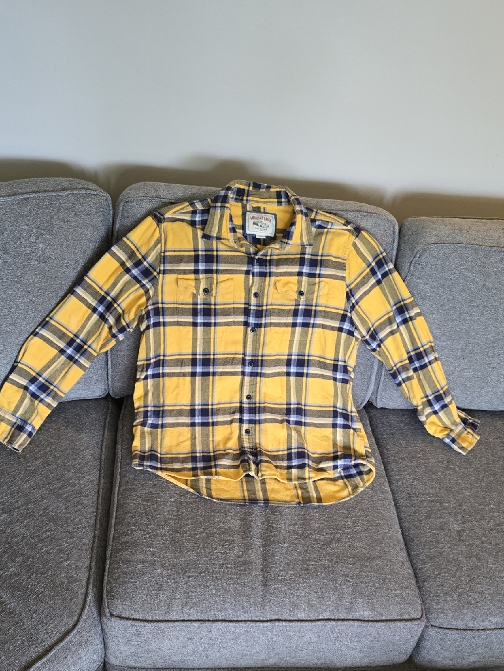 American Eagle Outfitters Yellow, white and Navy flannel Plaid Button-Down Shirt